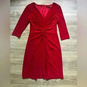David Meister Red Long Sleeve Cocktail Wedding Dress V Neck Front Bunched Size 8